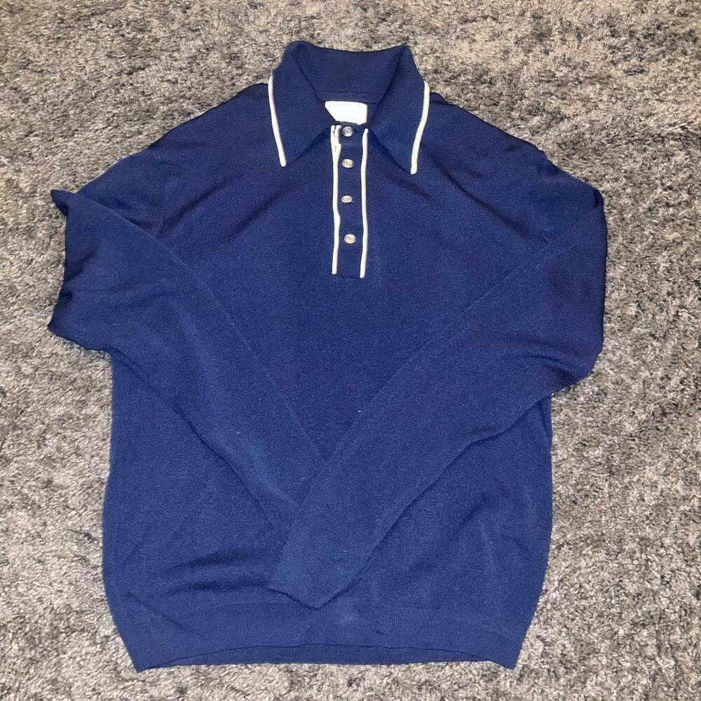 Vintage 70s Sears Kings Road Ban-Lon Knit Polo Sweater Dagger Collar Navy Blue